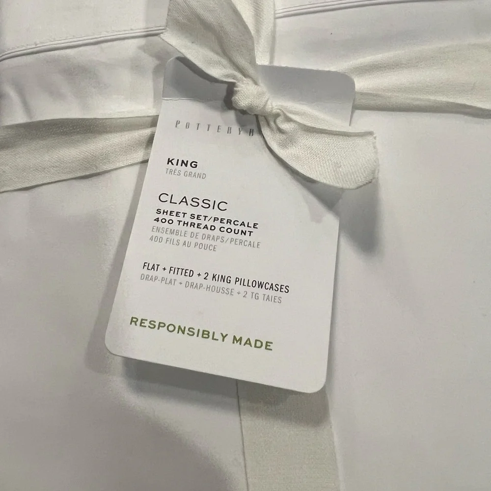 New Pottery Barn PB Classic 400 TC KING Sheet Set, WHITE,